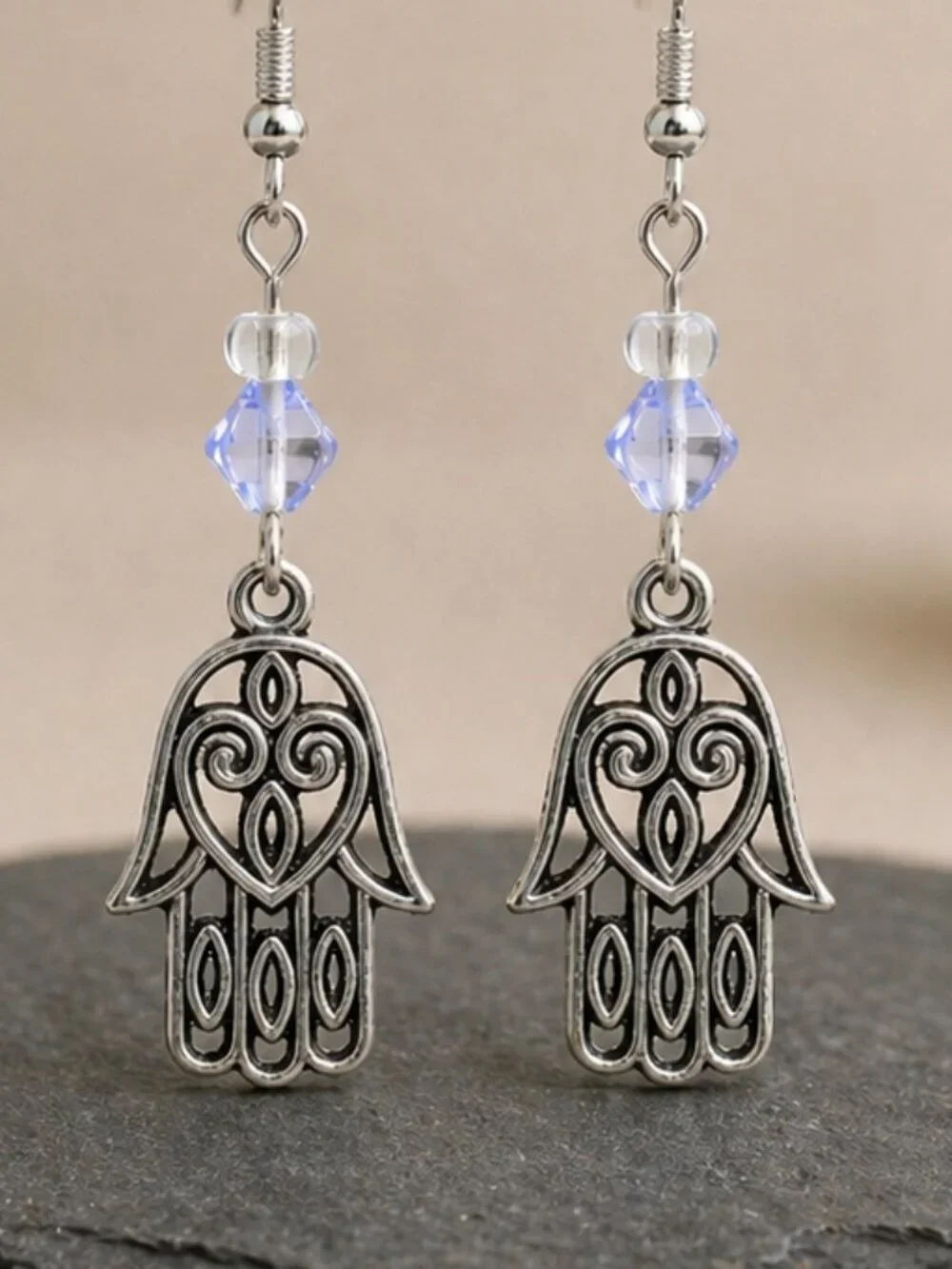 Handmade Hamsa Earrings with Blue Crystal - Picture 1 of 5
